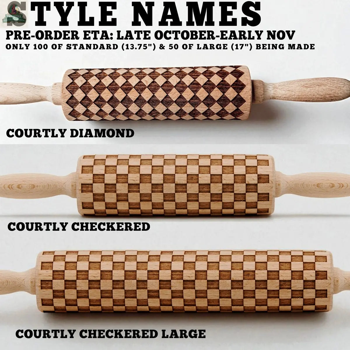 Three wooden rolling pins are displayed, including the Courtly Check. The top shows a diamond pattern, while the others feature small and large checks. Text lists product names, pre-order details, and describes these as essential baking tools.