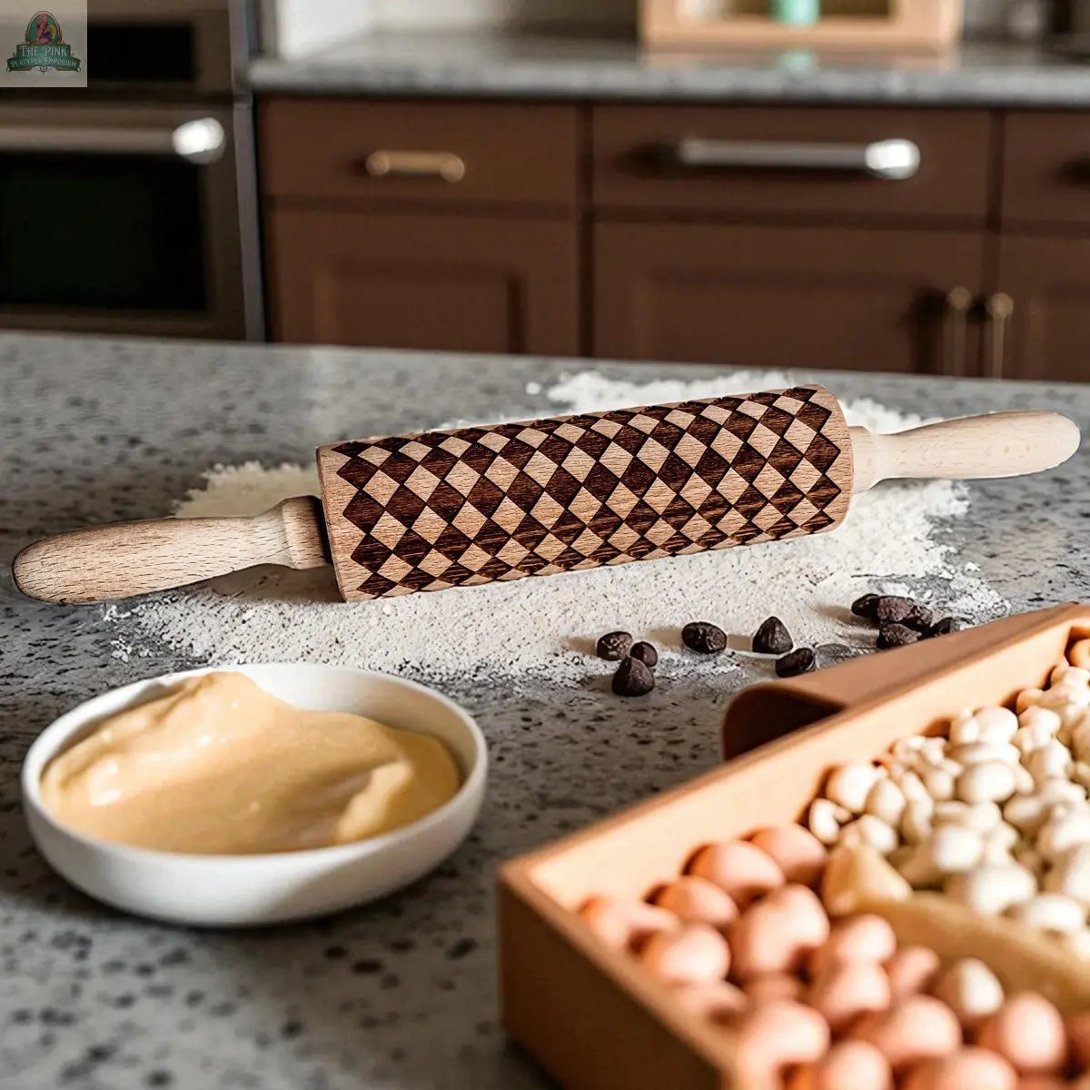 A Courtly Check rolling pin with a dark diamond pattern sits on a floured kitchen counter, surrounded by baking tools, cookie cutters, chocolate chips, dough, batter bowl, and colorful treats. Brown cabinets are in the background.