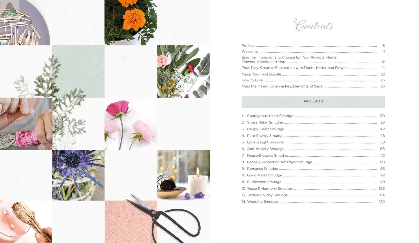 On the left, a collage shows flowers, herbs, scissors, crystals, and hands making smudge sticks; on the right, the REDFeather "Creating Smudge Sticks Book" displays its "Contents" page with spiritual tool projects and page numbers.