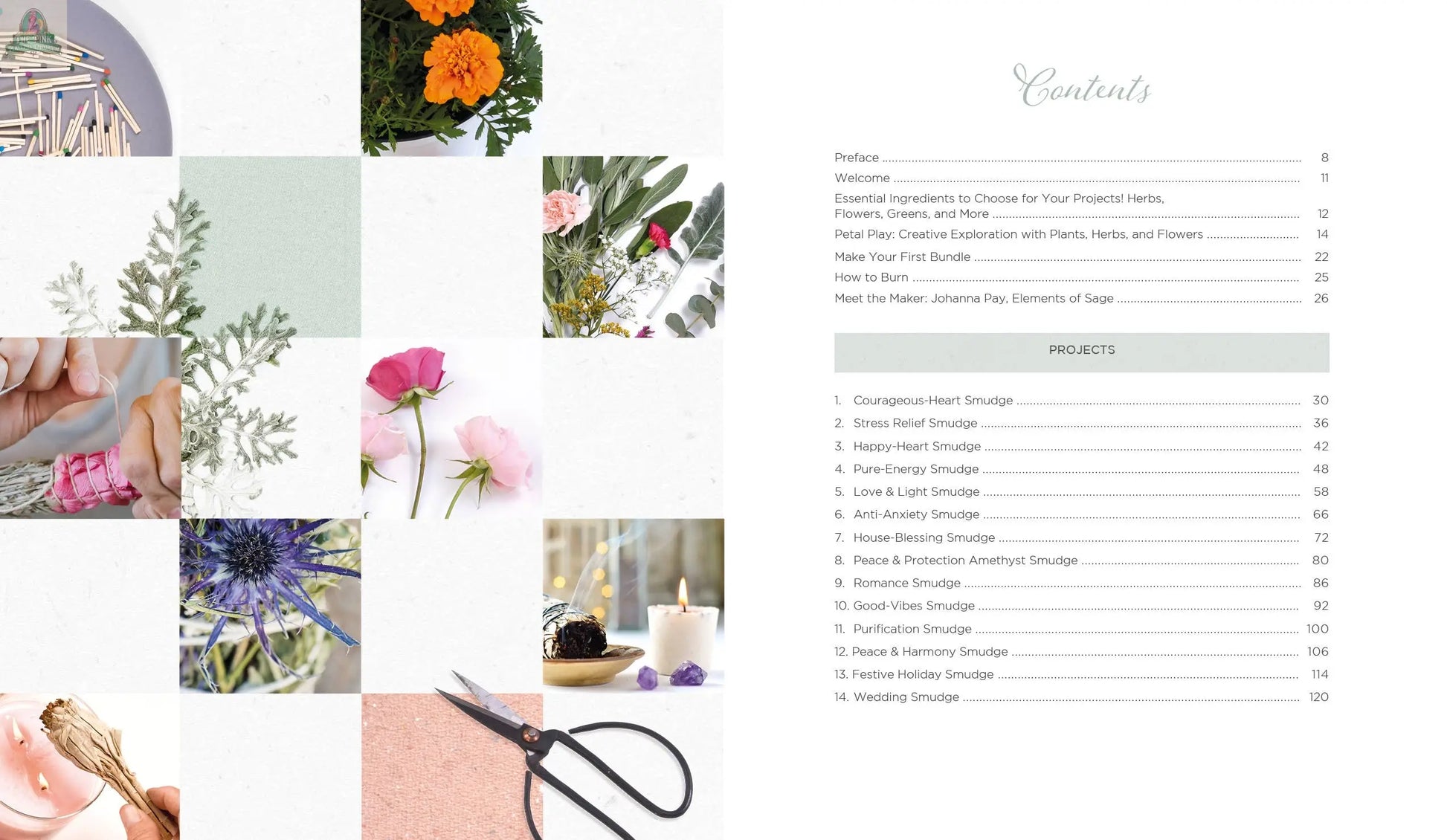 On the left, a collage shows flowers, herbs, scissors, crystals, and hands making smudge sticks; on the right, the REDFeather "Creating Smudge Sticks Book" displays its "Contents" page with spiritual tool projects and page numbers.