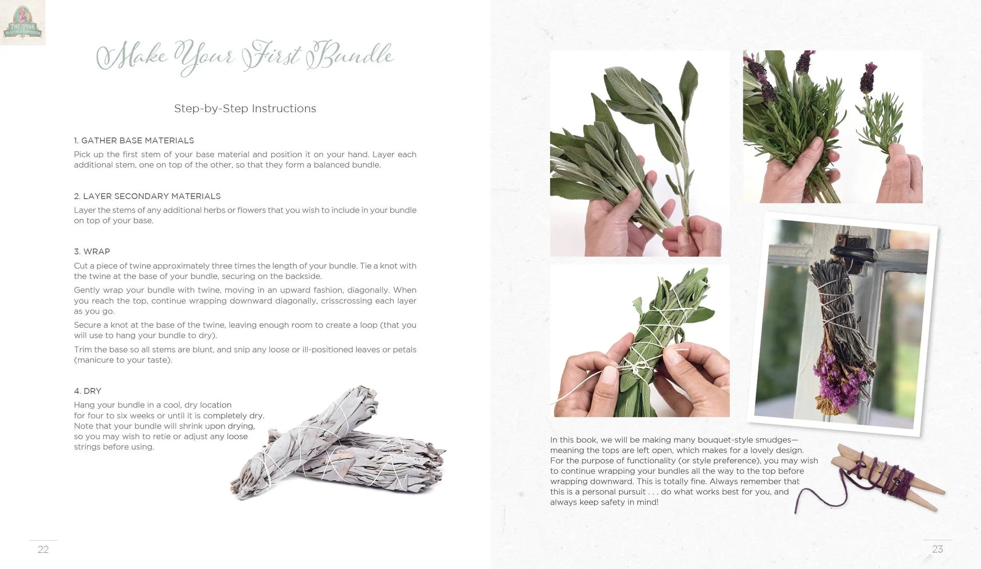 The Creating Smudge Sticks Book by REDFeather features a two-page spread with step-by-step instructions and photos showing hands tying herbs, finished bundles, and drying smudge sticks for rituals or spiritual crafts.