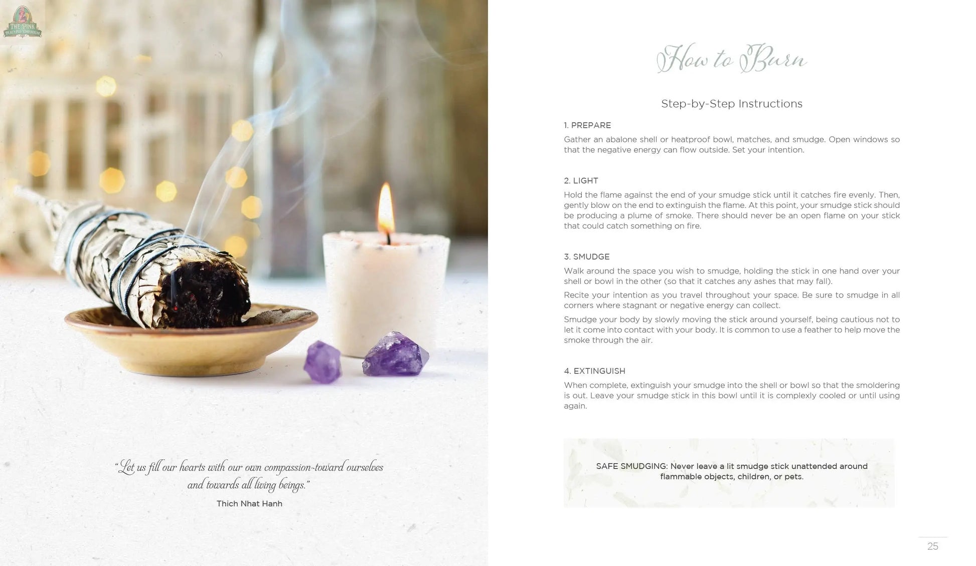 The REDFeather "Creating Smudge Sticks Book" rests beside a smudge stick, two amethyst stones, and a candle on a white surface; the open page features smudging instructions and a Thich Nhat Hanh quote.