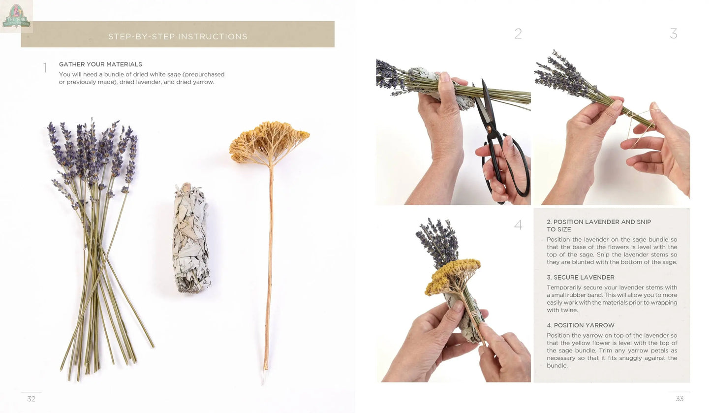 The "Creating Smudge Sticks Book" by REDFeather guides you through gathering materials like sage, lavender, and yarrow, with photos showing how to trim, arrange, and wrap them with string for smudging rituals.