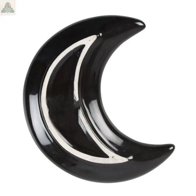 The Crescent Moon Dark Forest Print Trinket Dish features a glossy crescent shape with a smooth, reflective surface—ideal as celestial decor or an elegant jewellery holder.