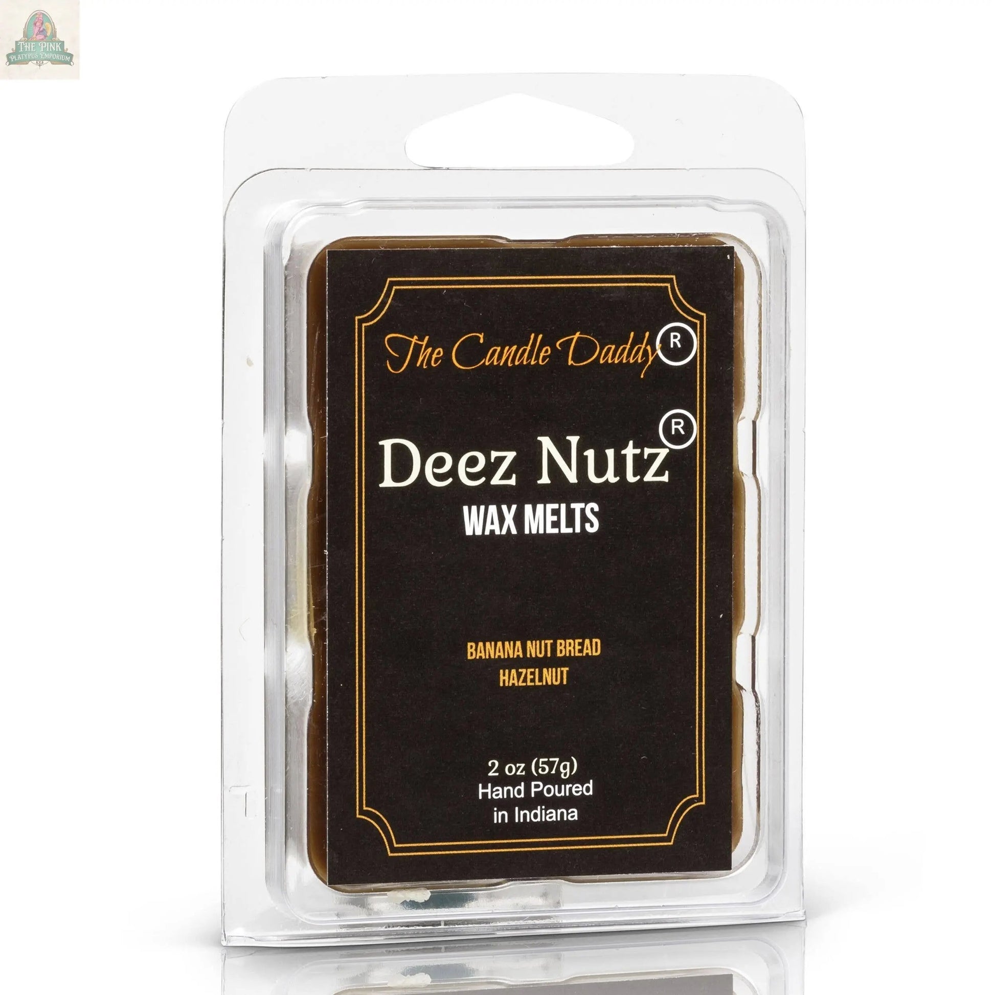A 2 oz pack of Deez Nutz Wax Melts - Banana Nut Bread, featuring a black label with product details and “Hand Poured in Indiana”, offers a banana nut bread and hazelnut scent for use in your favorite wax warmer.
