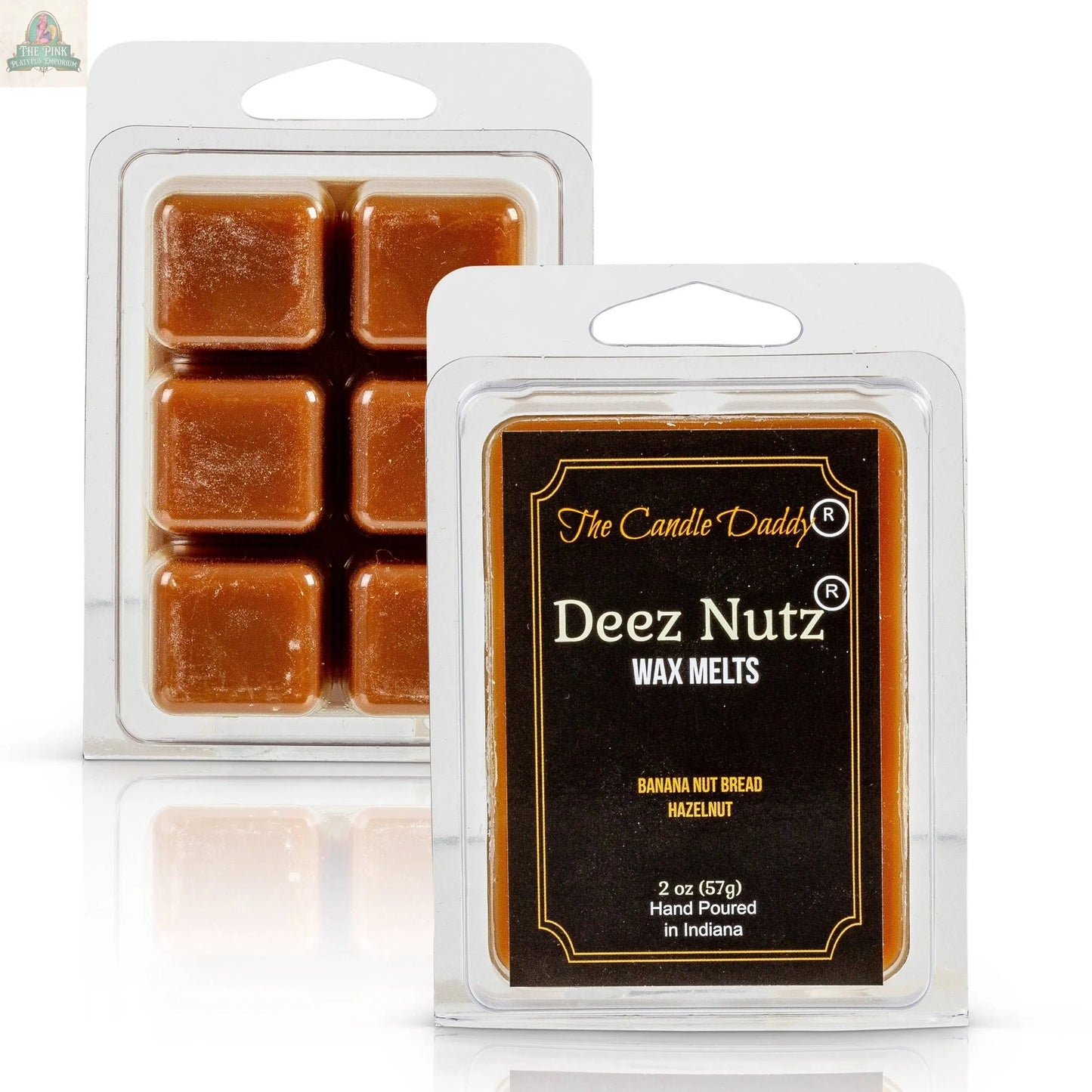 An open pack of Deez Nutz Wax Melts - Banana Nut Bread reveals six brown cubes, while a closed pack displays the label: “Deez Nutz Wax Melts - Banana Nut Bread: 1 Pack of Wax Melts.”.