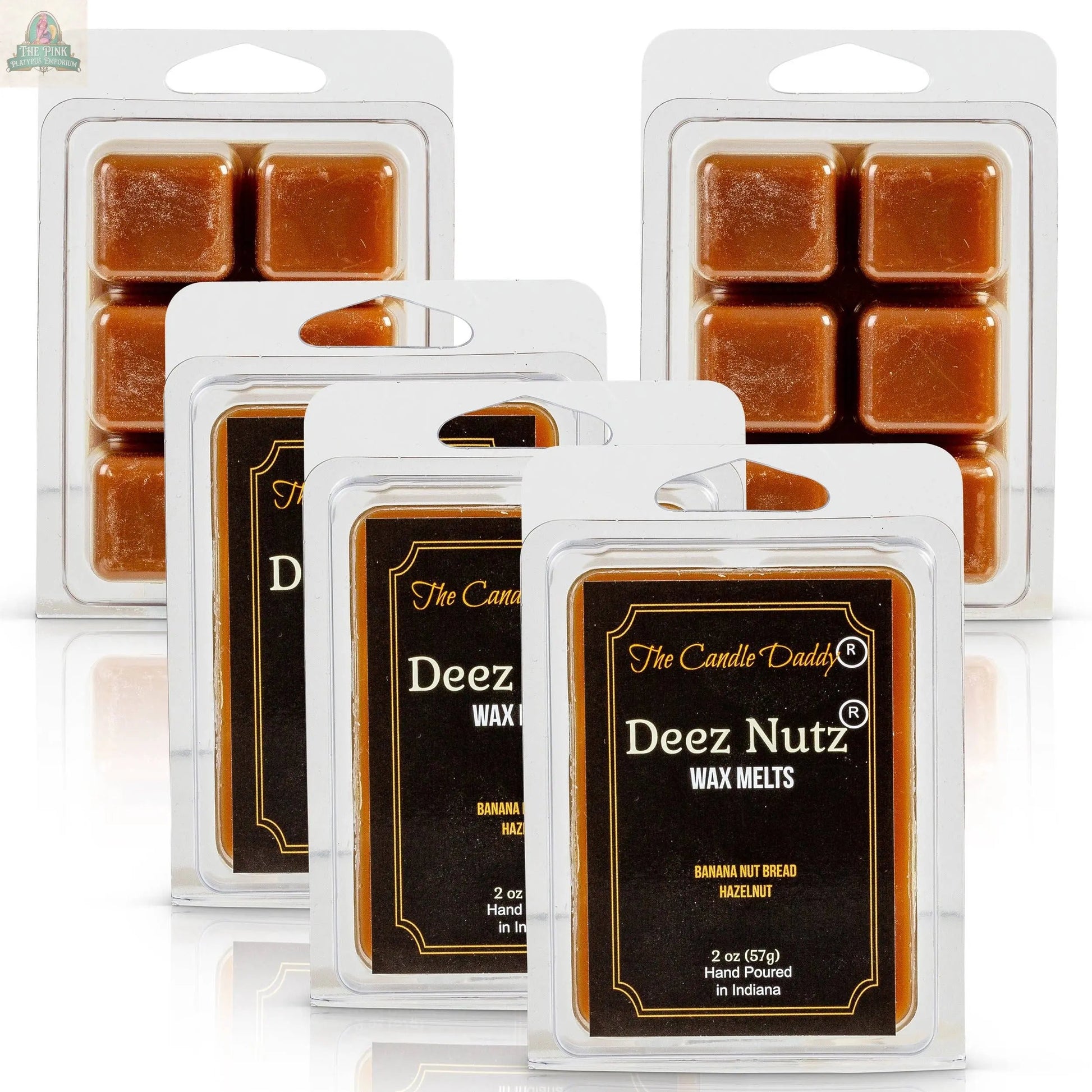 One pack of Deez Nutz Wax Melts - Banana Nut Bread by The Candle Daddy, featuring brown segmented wax with black and gold labels. Enjoy the delicious scent blend of banana nut bread and hazelnut.