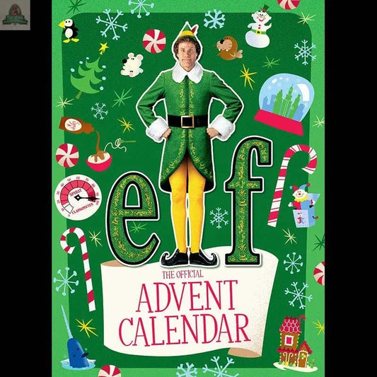 The Elf: The Official Advent Calendar features Buddy the Elf at the center, surrounded by festive designs like candy canes and snowflakes—includes 25 exclusive ELF gifts for a magical Christmas countdown.
