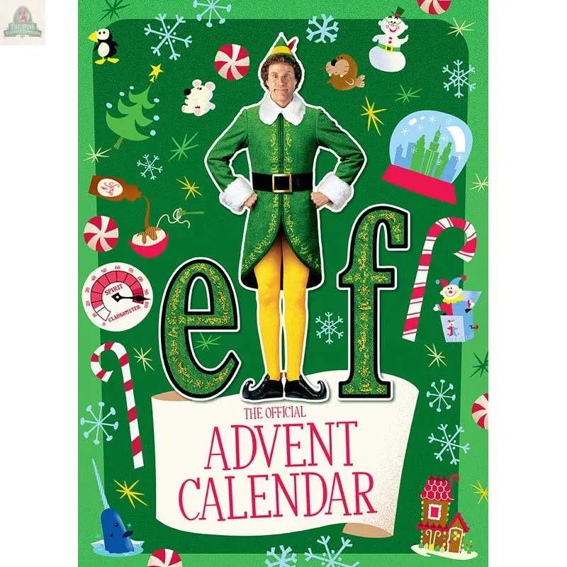 Celebrate with the Elf: The Official Advent Calendar (25 exclusive ELF gifts!), featuring Buddy the Elf surrounded by festive icons like candy canes, snowflakes, and presents—a perfect Christmas countdown for fans.