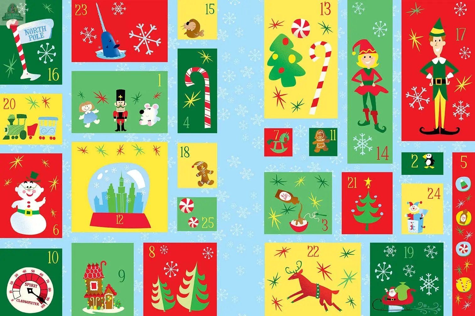 Elf: The Official Advent Calendar features 25 exclusive ELF gifts behind numbered doors, with festive illustrations—elves, candy canes, snowman, Christmas tree, nutcracker, gingerbread house, and snowflakes—on a snowy blue background.