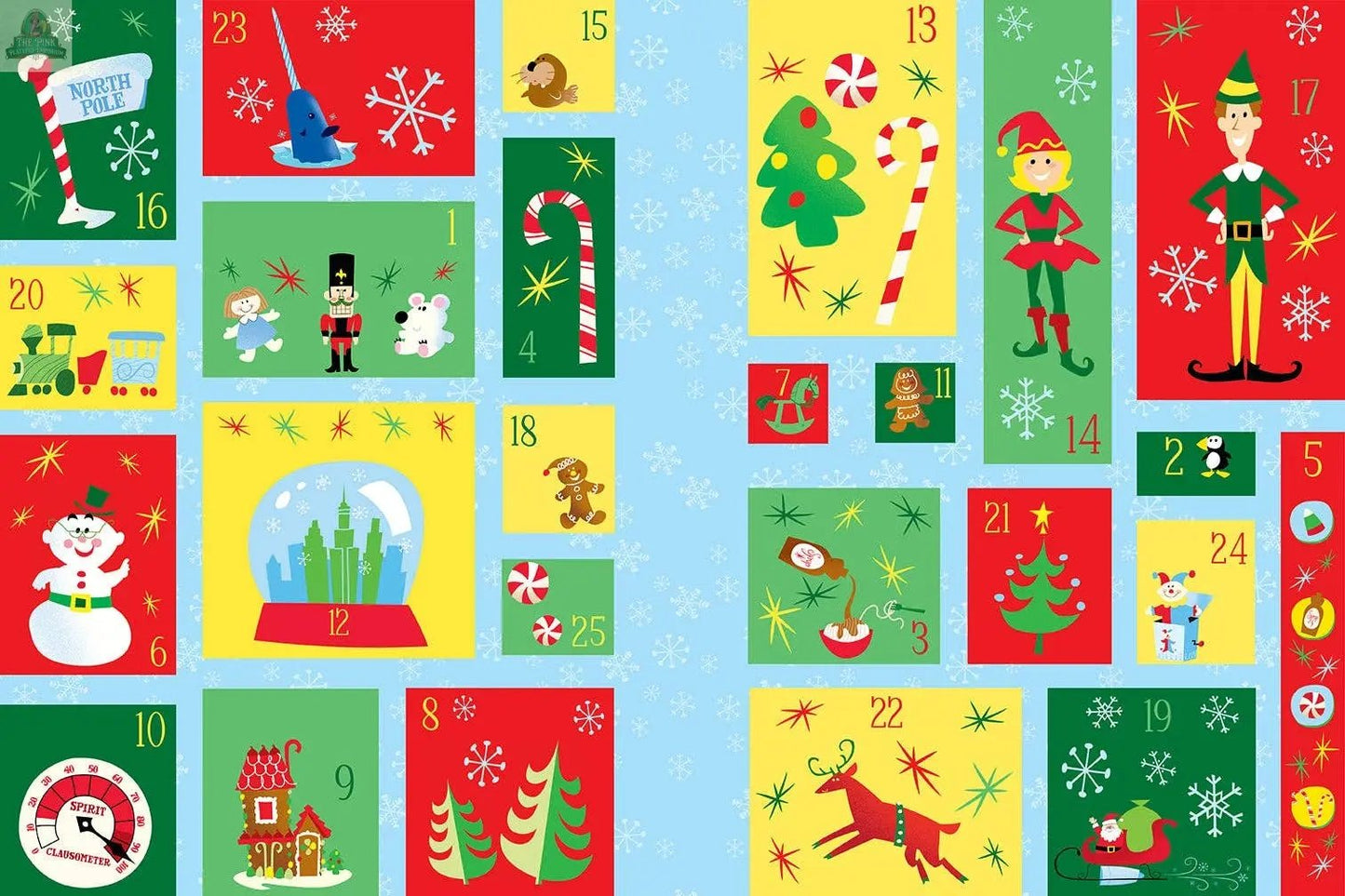Elf: The Official Advent Calendar features 25 exclusive ELF gifts behind numbered doors, with festive illustrations—elves, candy canes, snowman, Christmas tree, nutcracker, gingerbread house, and snowflakes—on a snowy blue background.