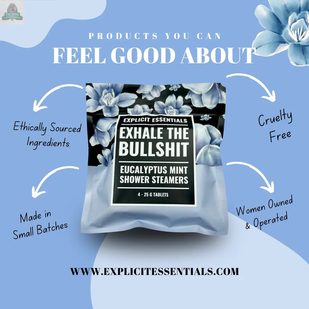A package of Explicit Essentials "Exhale The Bullsh!t" eucalyptus mint shower steamers sits on a blue floral background, featuring text about all-natural, cruelty-free, ethically sourced ingredients from a women-owned, small batch brand.