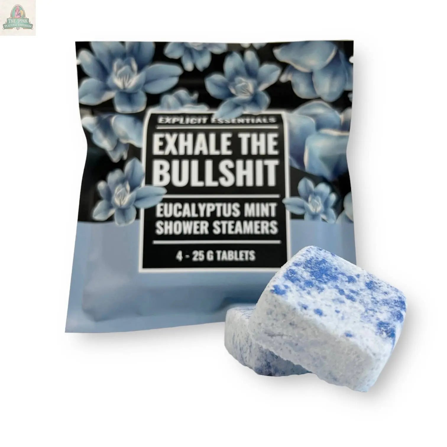 A package labeled Exhale The Bullsh!t Shower Steamers by Explicit Essentials features a floral design, with two blue and white all-natural steamers in front, delivering an invigorating eucalyptus mint aroma to your shower.