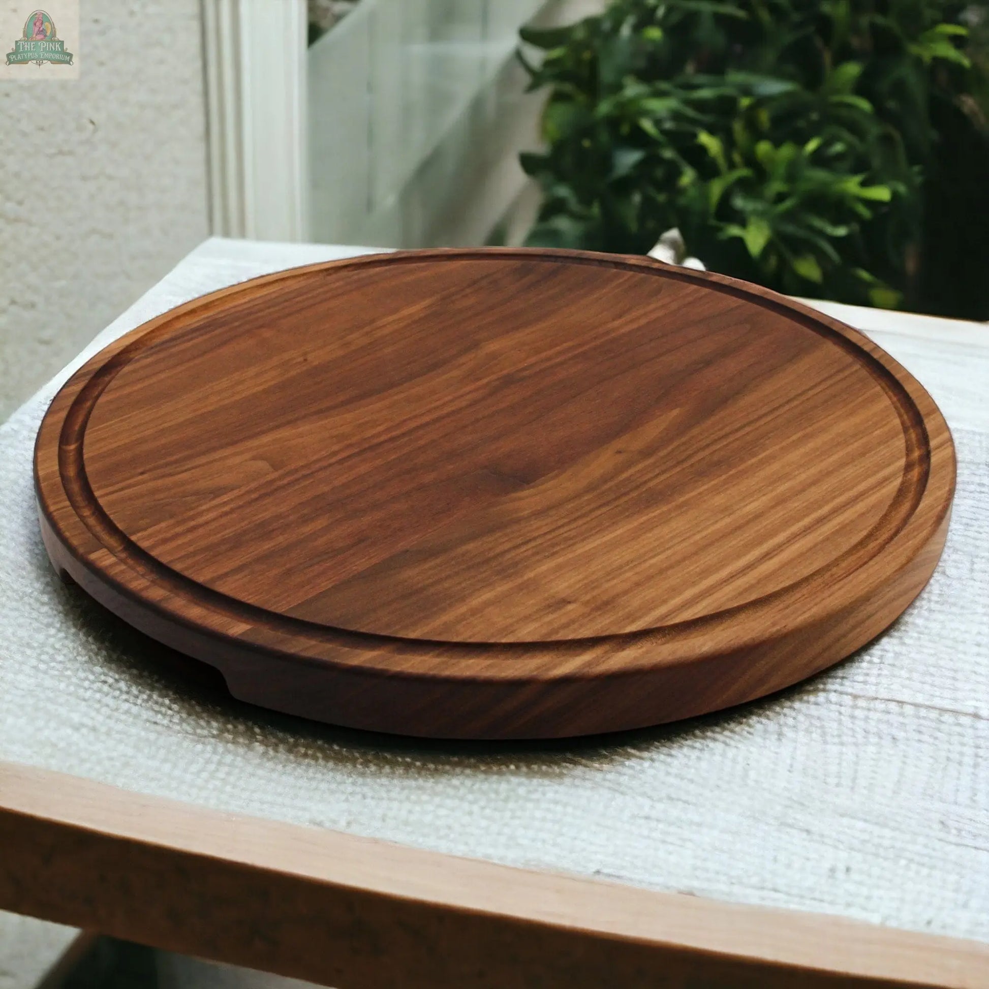Extra Large Round Wood Cutting Board with Feet, Pocket Handles and Juice Groove, 18”x1.25 Inches Thick, Gift For Mom, 100% USA Made Pink Platypus Emporium