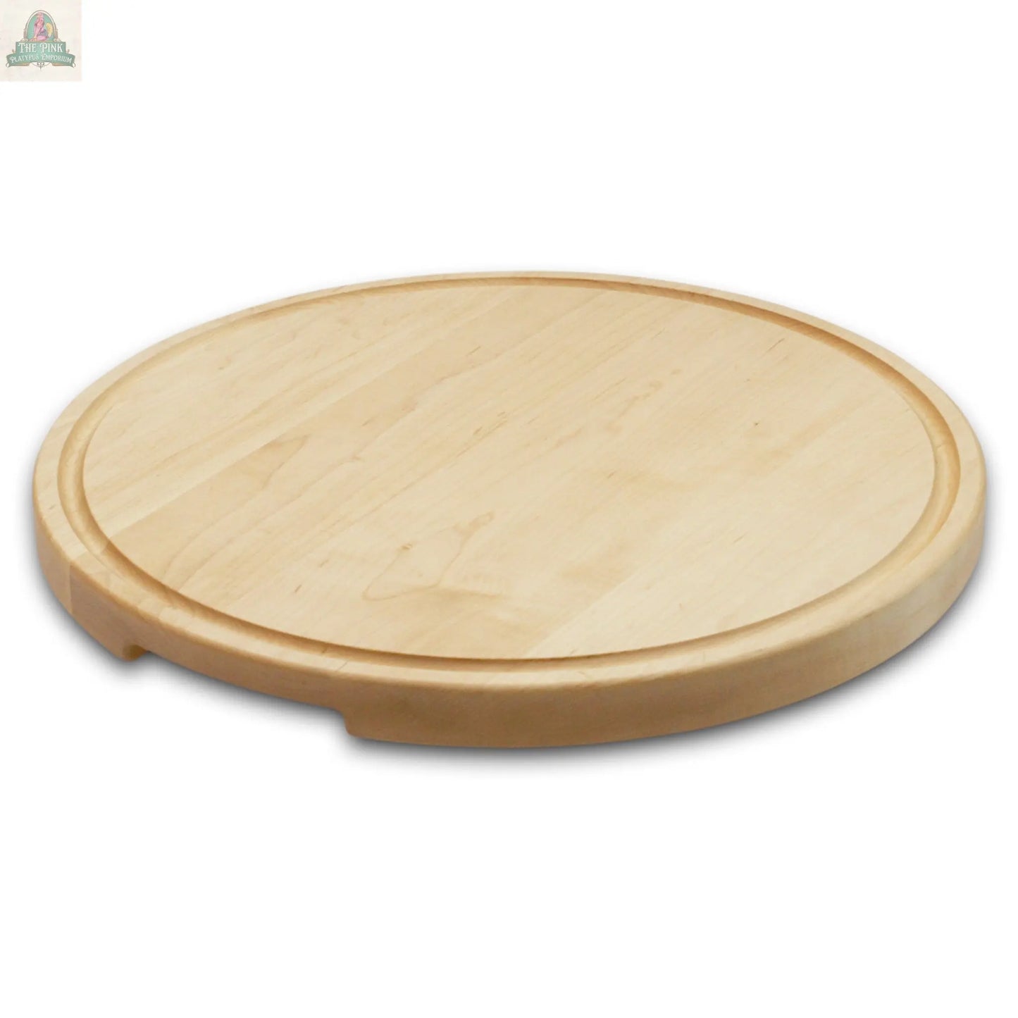 Extra Large Round Wood Cutting Board with Feet, Pocket Handles and Juice Groove, 18”x1.25 Inches Thick, Gift For Mom, 100% USA Made Pink Platypus Emporium