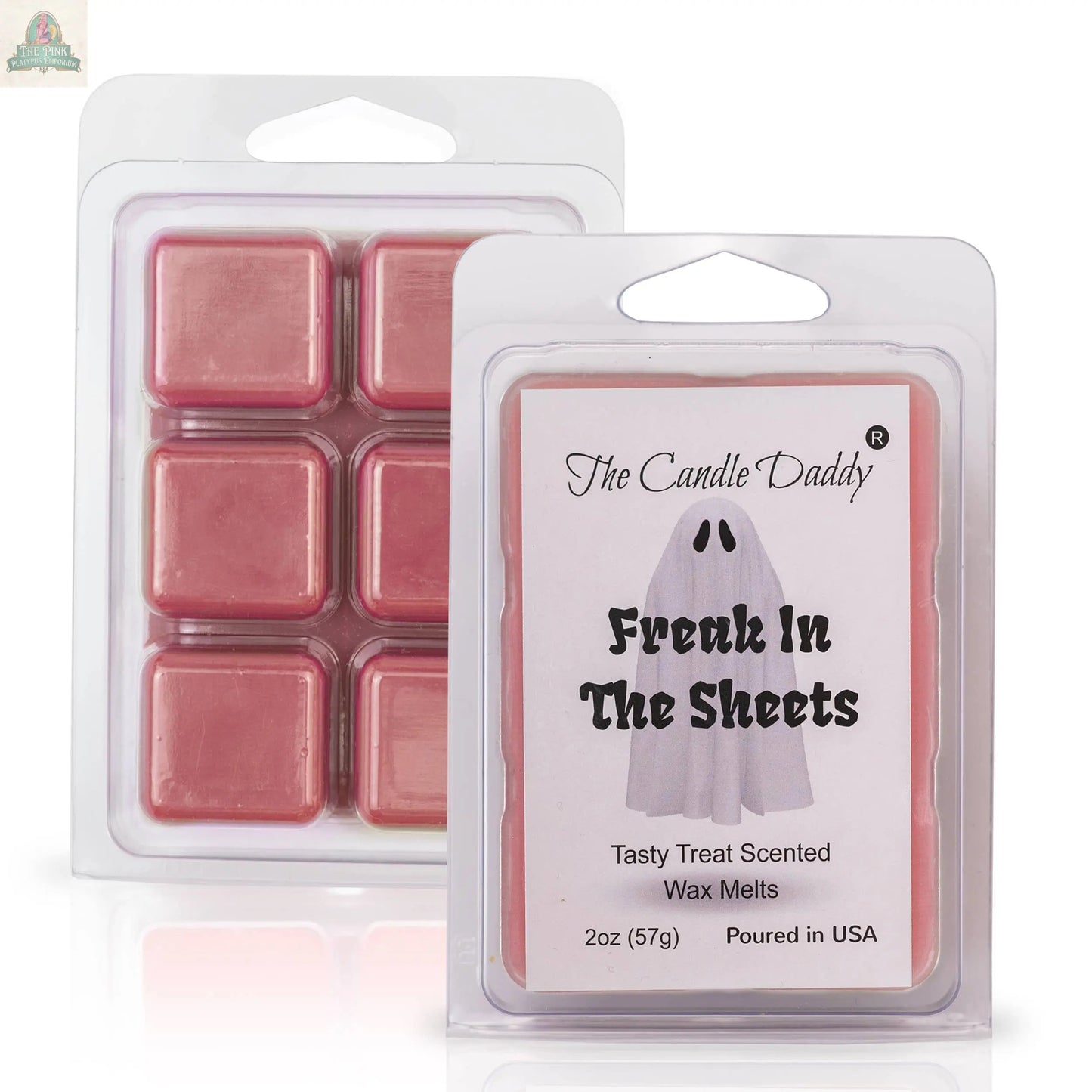 Two packs of pink wax melts: FUNNY FALL HALLOWEEN - FREAK IN THE SHEETS - TREAT WAX MELT, scented Tasty Treat, 2oz (57g), poured in the USA with a ghost design—perfect for aromatherapy.
