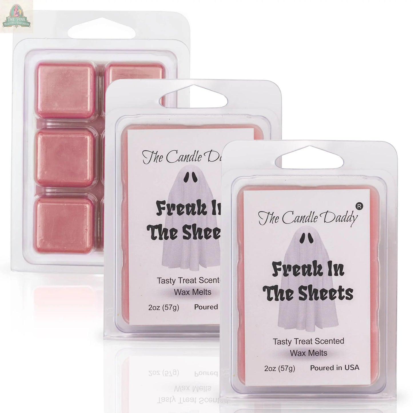 Three packs of pink wax melts labeled “FUNNY FALL HALLOWEEN - FREAK IN THE SHEETS - TREAT WAX MELT” are shown, each with a playful ghost design—perfect for festive aromatherapy sessions.