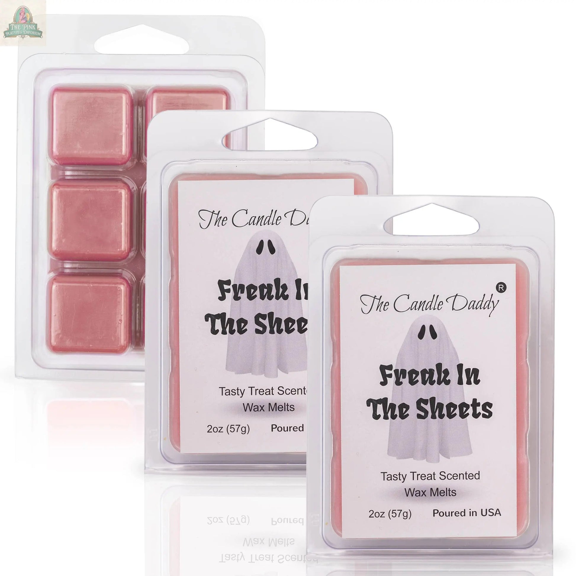 Three packs of pink wax melts labeled “FUNNY FALL HALLOWEEN - FREAK IN THE SHEETS - TREAT WAX MELT” are shown, each with a playful ghost design—perfect for festive aromatherapy sessions.