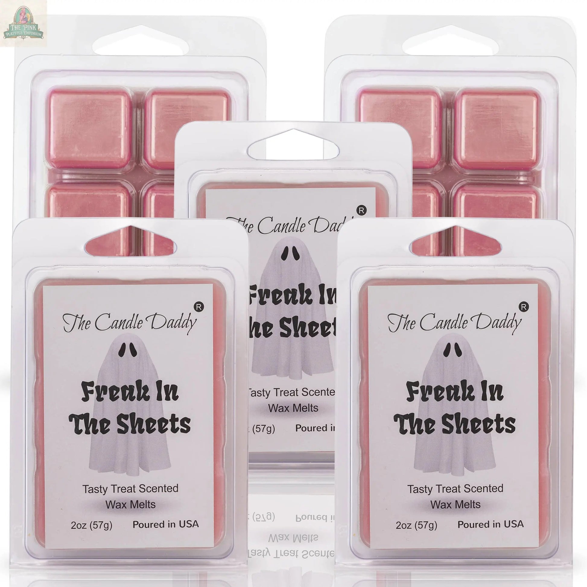 Five packs of pink wax melts labeled "FUNNY FALL HALLOWEEN - FREAK IN THE SHEETS - TREAT WAX MELT" with an illustrated ghost in sunglasses are displayed—ideal for adding a playful touch to your aromatherapy sessions.