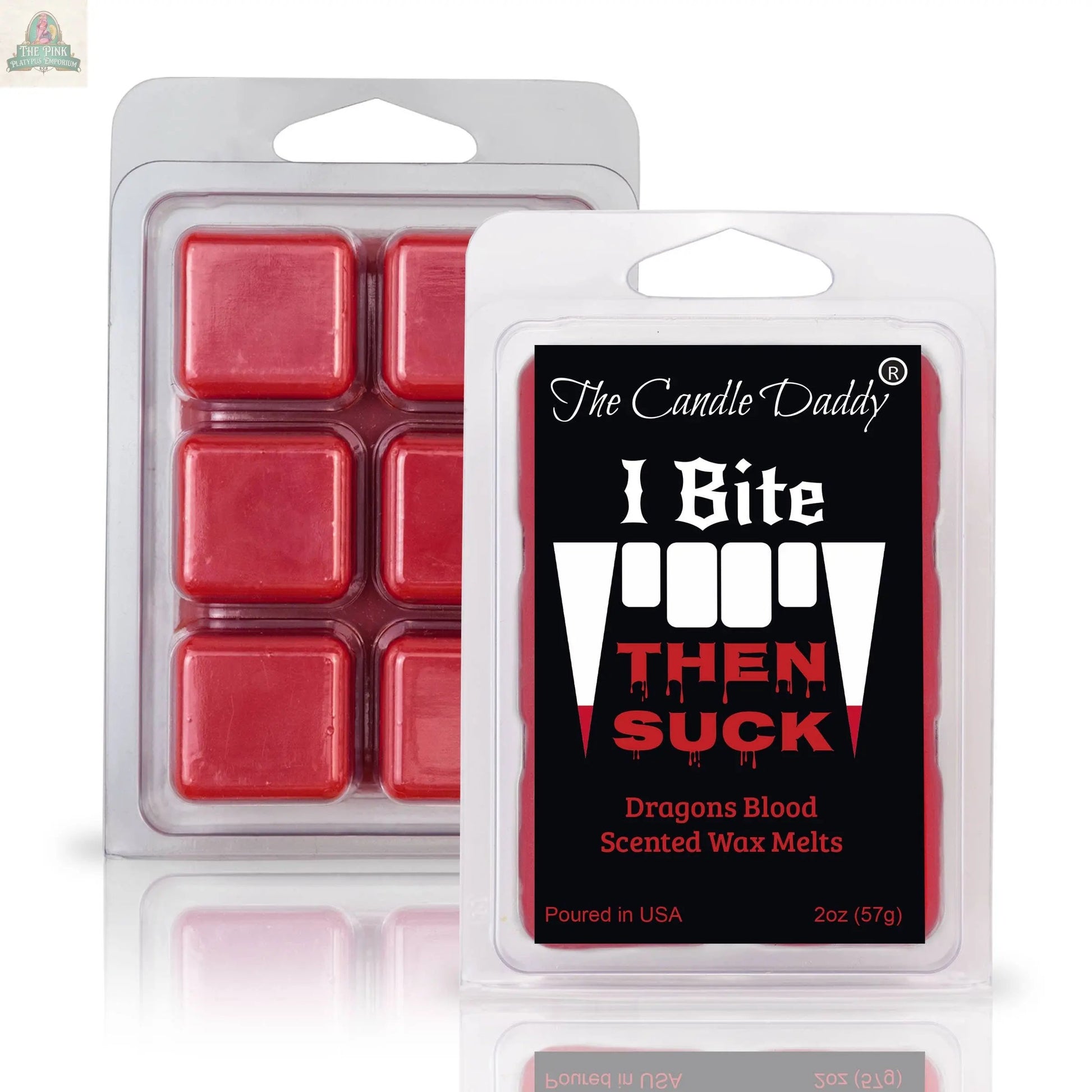 Two packages of FUNNY FALL HALLOWEEN-I BITE, THEN SUCK-DRAGONS BLOOD WAX MELT are shown, each with six red, strongly scented wax squares and a black label featuring The Candle Daddy branding.