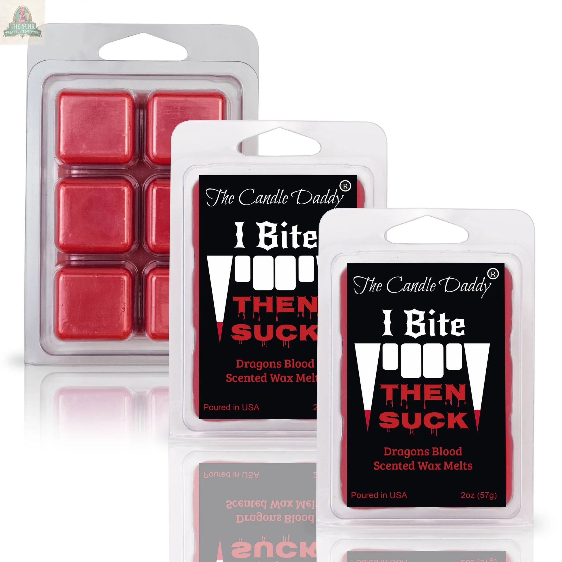 Three packs of FUNNY FALL HALLOWEEN-I BITE, THEN SUCK-DRAGONS BLOOD WAX MELT, each with bold vampire-themed packaging and six red cubes, perfect as a Halloween wax melt.