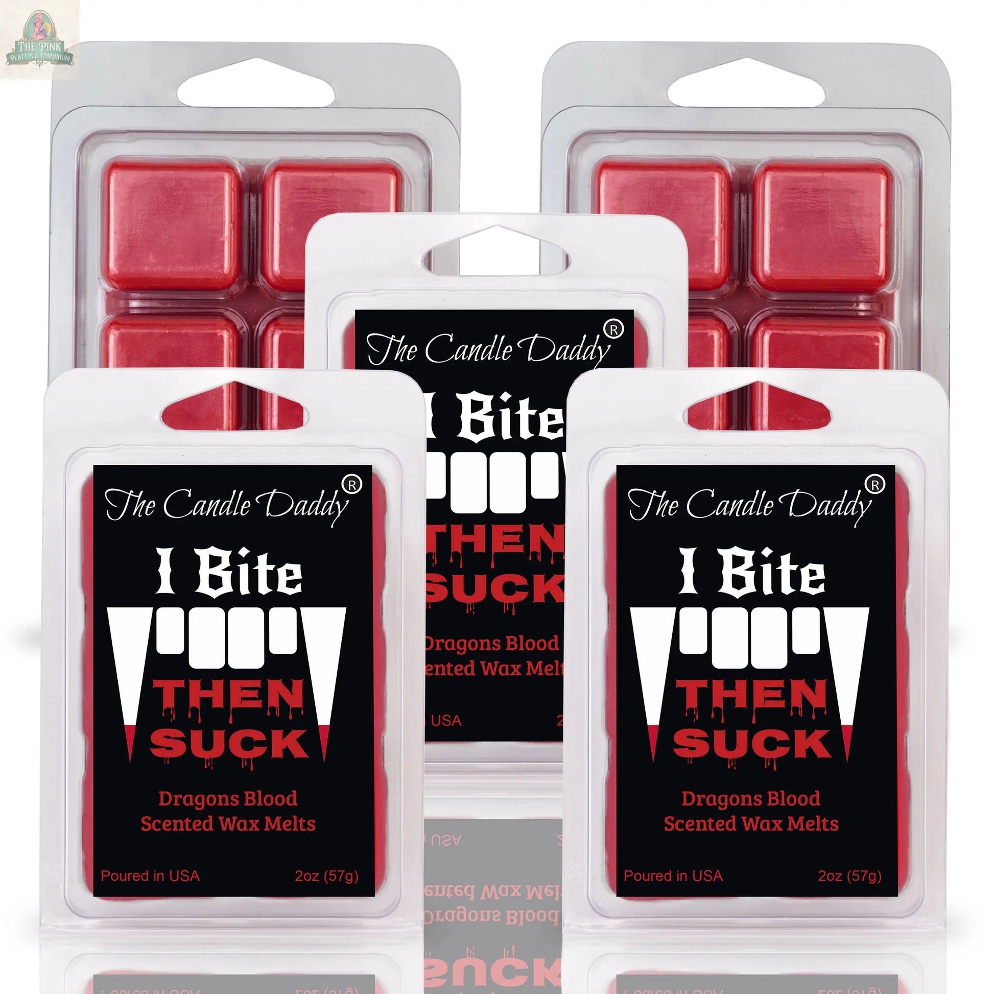 Five packs of FUNNY FALL HALLOWEEN-I BITE, THEN SUCK-DRAGONS BLOOD WAX MELT—each with four red cubes in vampire fang–themed black and red packaging. Perfect for aromatherapy or as a Halloween wax melt.
