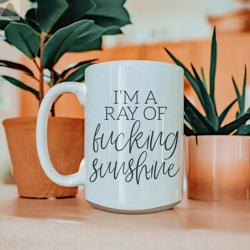 The F'n Sunshine 16oz white ceramic mug with bold black text stating “I’m a ray of fucking sunshine” sits on a counter beside potted green plants.