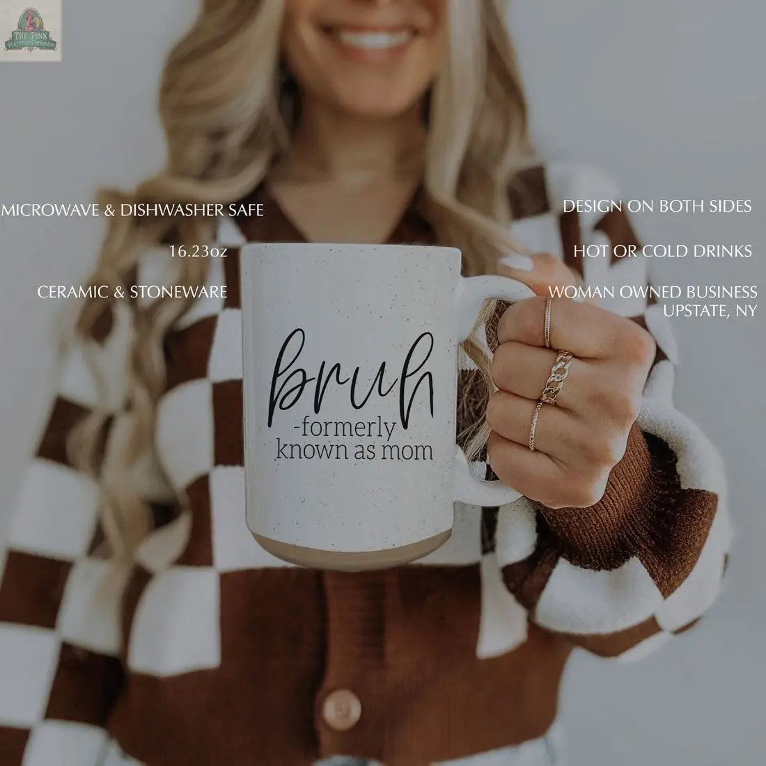 A smiling woman in a brown and white checkered sweater holds an inspirational "F'n Sunshine 16oz" ceramic mug. Product features are displayed in white text surrounding her in the image.