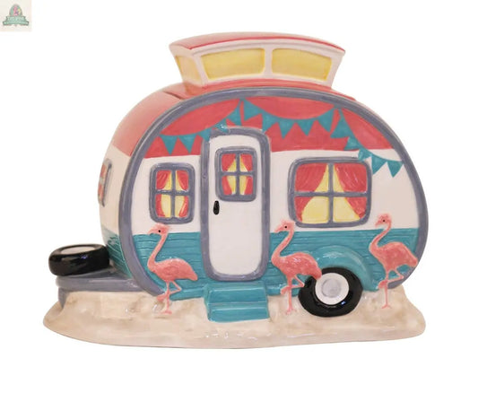 Flamingo Camper Cookie Jar Blue Sky Clayworks