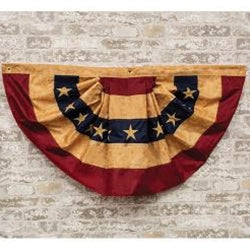 vintage americana bunting flag with tea stained fabric and embroidered stars, patriotic wall decor for fourth of july, memorial day, and summer porch or indoor styling