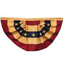 americana bunting flag with tea stained red white and blue fabric and embroidered stars, patriotic decor for fourth of july and memorial day wall or porch display