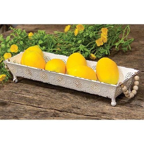 Shabby Chic decorative metal tray with handles on table styled with lemons and florals, white shabby chic tray for coffee table, kitchen counter, or spring centerpiece decor