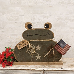 rustic wooden patriotic frog decor holding american flag with star accents, americana tabletop decoration for fourth of july and memorial day home display
