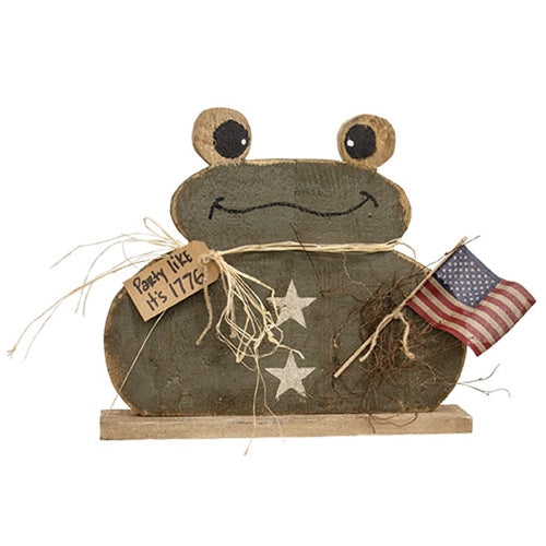 rustic patriotic frog decor on wood base holding american flag with star accents, americana tabletop decoration for fourth of july and memorial day display