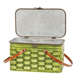 Green metal picnic basket with brown handles on a white background