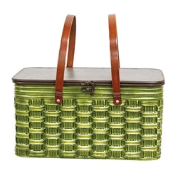Green metal picnic basket with brown handles and a closed lid on a white background