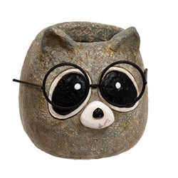 Stone racoon-shaped plant holder with glasses on a white background