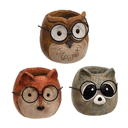 Woodland animal planter set showing fox planter, owl planter and racoon planter all with glasses on a white background