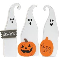Three Halloween-themed wooden ghost figurines on a white background.