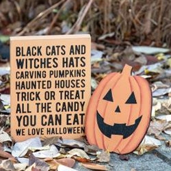Black Cat & Witch Hat Halloween Box Sign with Pumpkin Easel – 2 Piece Set