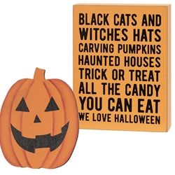 Black Cat & Witch Hat Halloween Box Sign with Pumpkin Easel – 2 Piece Set