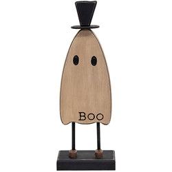 Wooden ghost figurine with a top hat and 'BOO' text on a white background