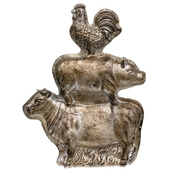 Decorative figurine with a rooster on top of a pig and a bull on a white background