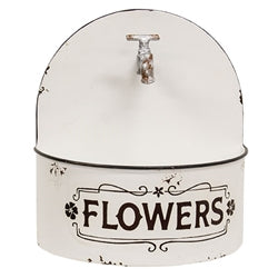 farmhouse Decorative metal flower bucket with 'FLOWERS' text and spigot on a white background