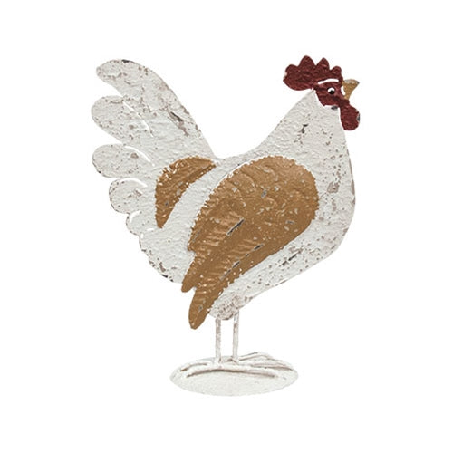 Decorative chicken figure with a rustic finish on a white background