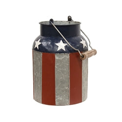 Decorative milk can with American flag design on a white background