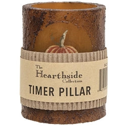 Timer pillar candle with 'The Hearthside Collection' label on a white background