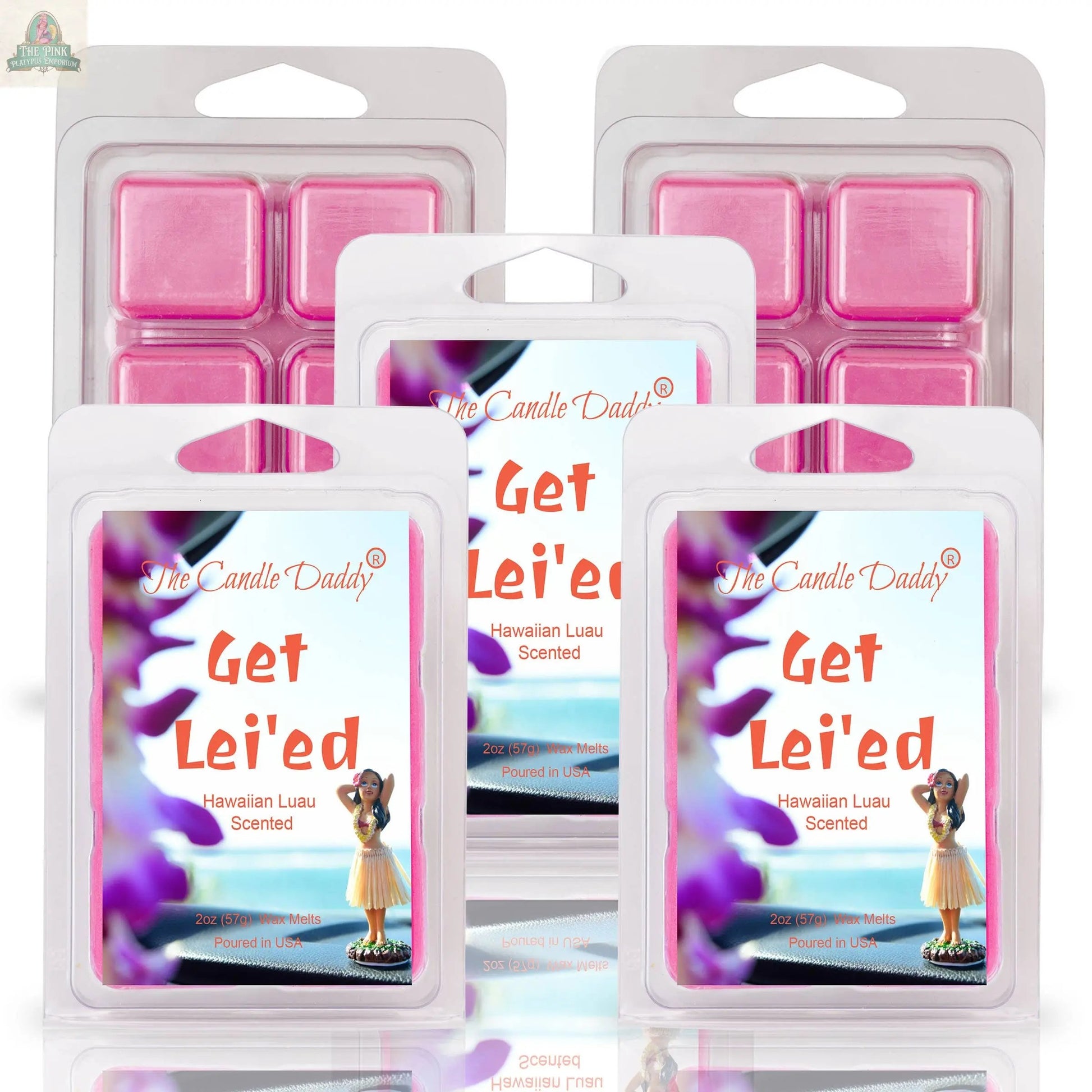 A 2oz pack of GET LEI'ED Hawaiian Luau scented wax melt features tropical designs and a hula girl on the packaging—perfect for bringing paradise vibes to your aromatherapy wax melts collection.