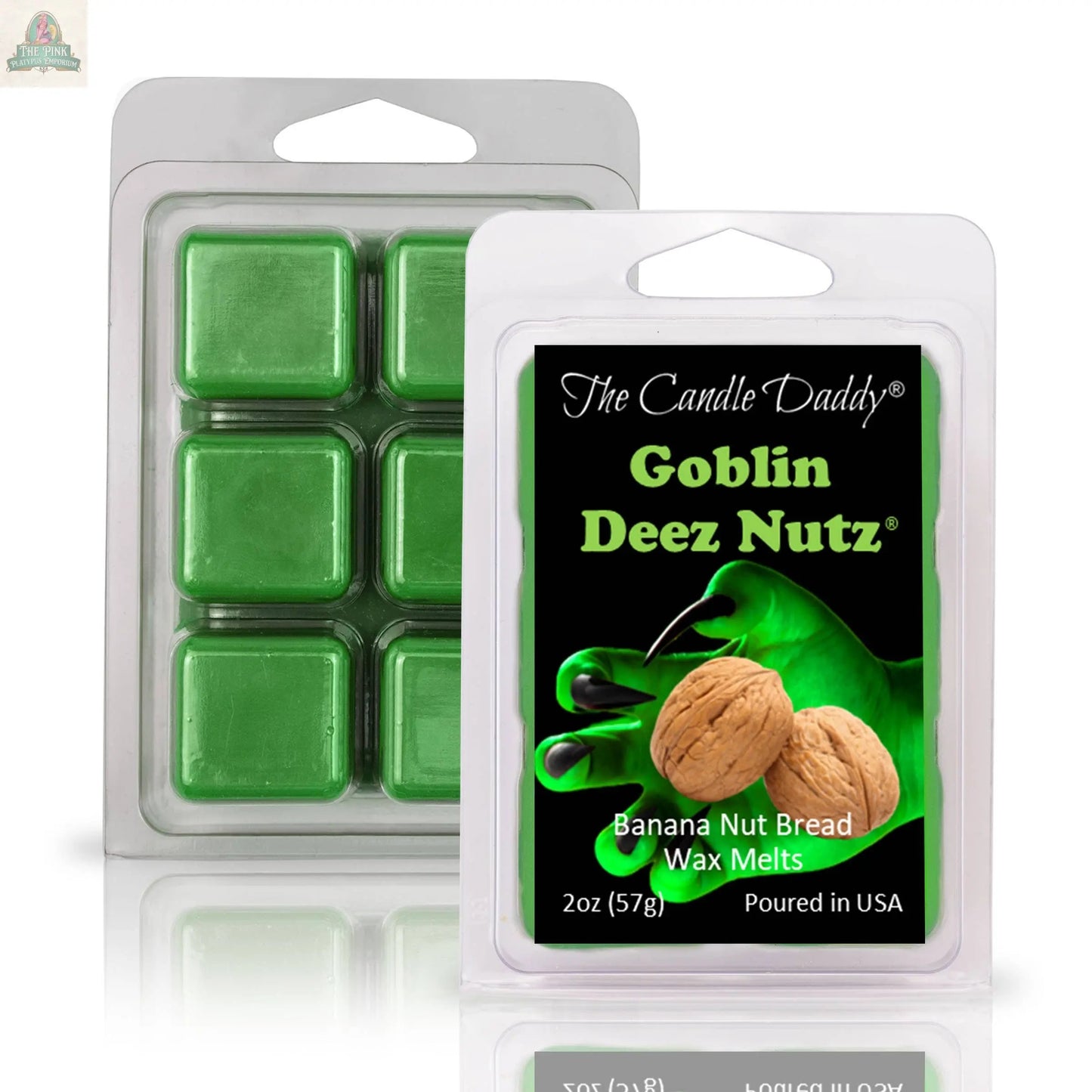 Two packs of green banana nut bread scented wax melts labeled "GOBLIN" DEEZ NUTZ—perfect for fall and Halloween aromatherapy gifts. 2oz (57g), poured in USA, features a goblin hand with walnuts.