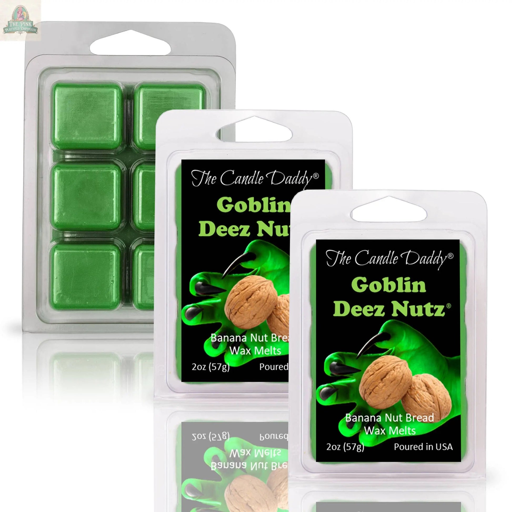 Three packs of green “GOBLIN” DEEZ NUTZ - BANANA NUT BREAD FALL HALLOWEEN WAX melts are shown, featuring goblin hands with walnuts—ideal as a Halloween gift or for fun home aromatherapy.